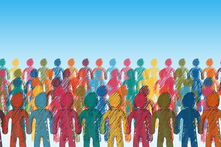 Illustration of a crowd of people in the form of simple, crayon drawn multicoloured figures